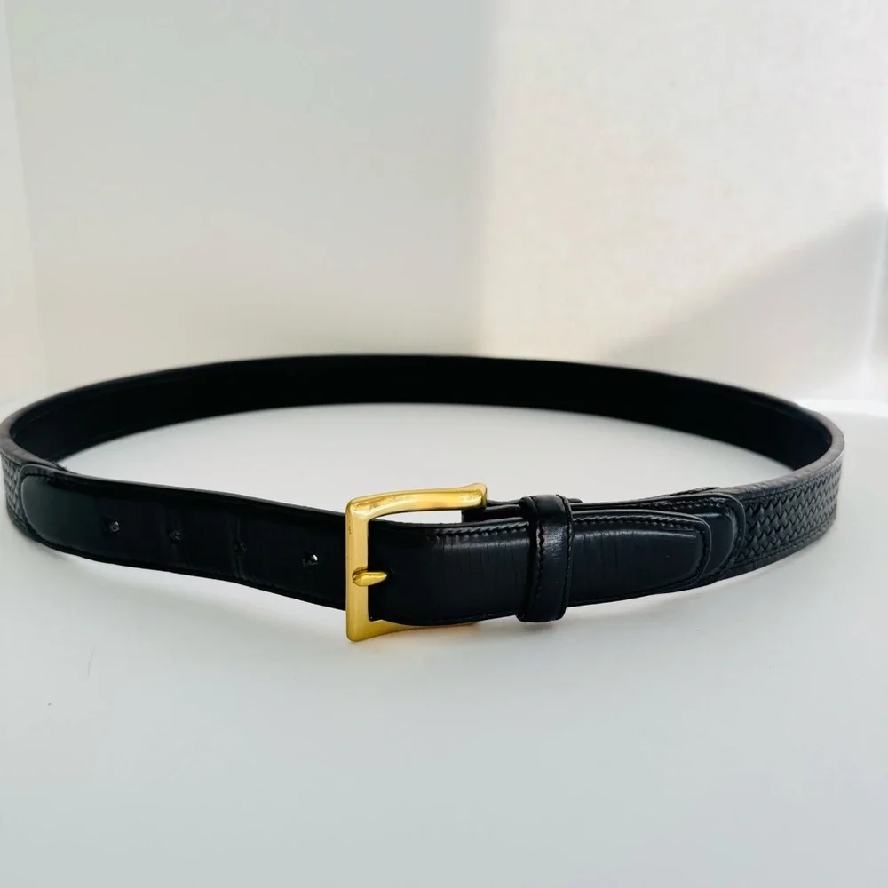 Cole Haan Men's Black Woven Leather Belt 36 Gold Brass Buckle Basketweave A08462